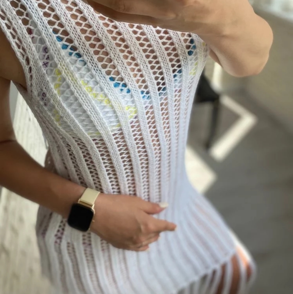 New White Chrochet Cover Up Dress with Fringe - Picture 2 of 7